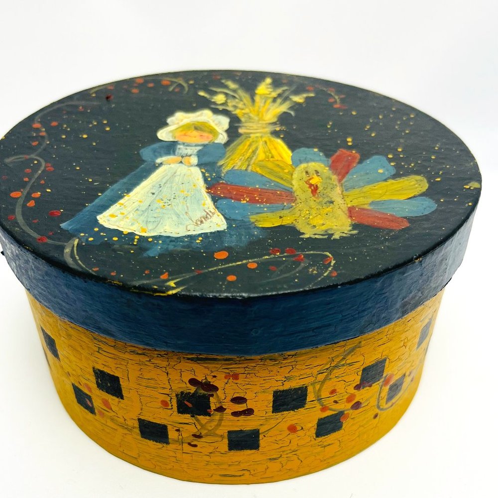 Hand Painted Little Girl Bird 6" Lidded Round Cardboard Box Vtg Signed